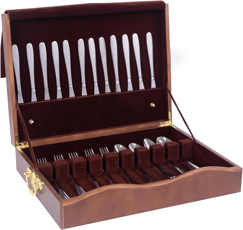 DigNew Silverware Storage Box,1 Layer Wooden Silverware Chest with Drawer,Silverware Case with Handle and Felt Lined,15.35" x 11.41" Flatware and Utensil Organizer for Kitchen,Black(Flatware Not Included) - Image 1